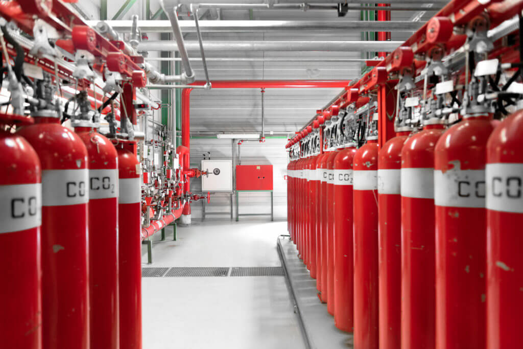 Large CO2 fire extinguishers in a thermal power plant