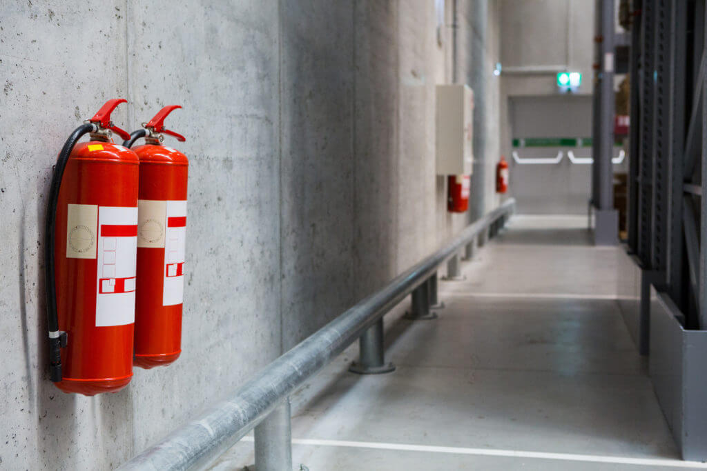 Fire extinguishers in the warehouse. Fire safety